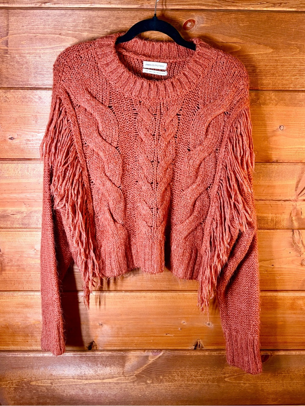 Urban Outfitters Rust Fringe Cable Crewneck Sweater Size Small 💕🖤 - Picture 1 of 5